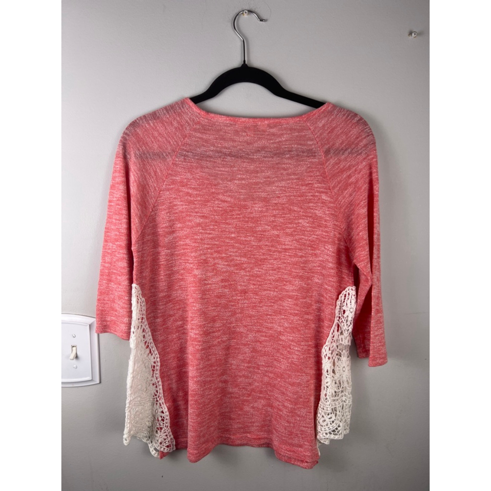 Umgee Top Small Pink Coral Crochet Lace Side Boho Knit Blouse 3/4 Sleeve Cottage - Picture 5 of 5
